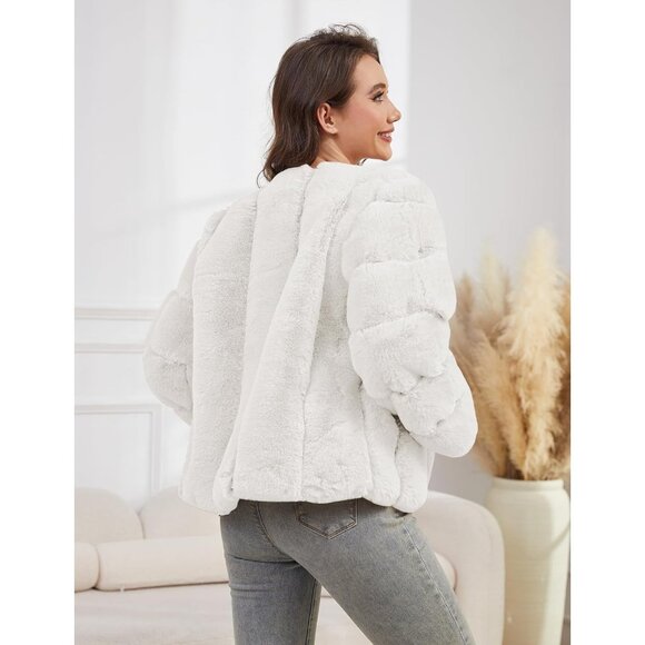 Women's Faux Fur Coat Long Sleeves Open Front Warm Winter Cropped Jacket White - Picture 5 of 6